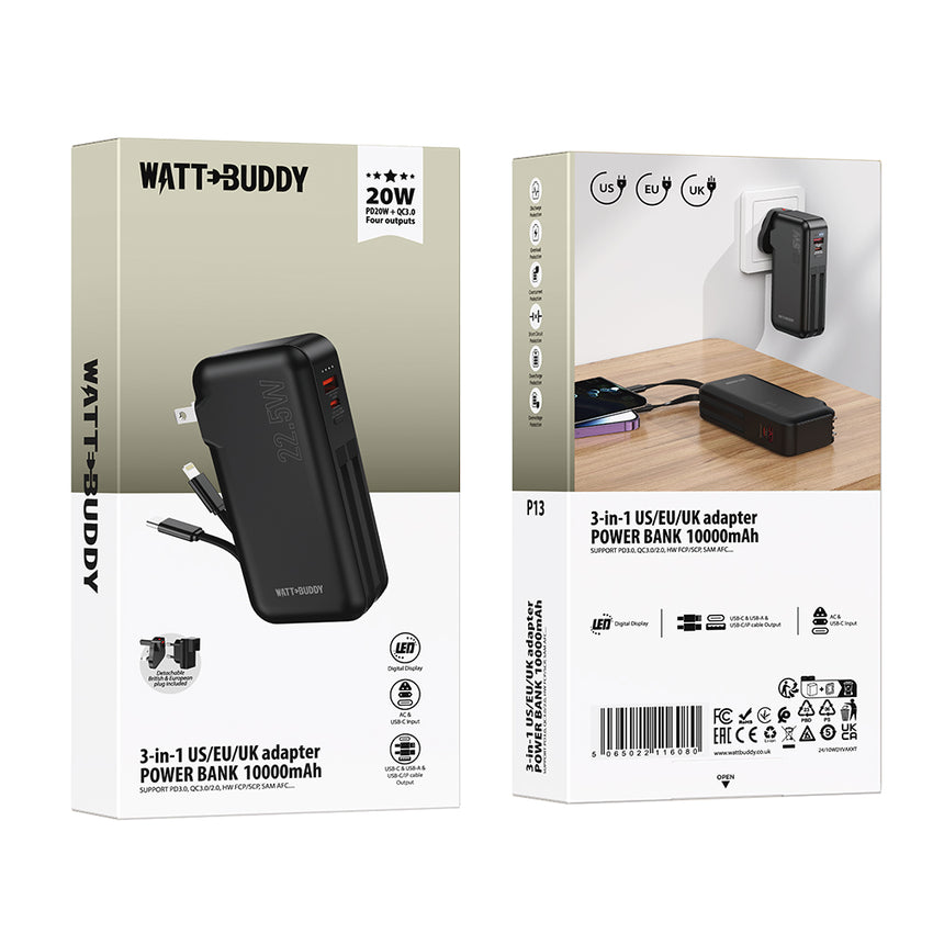 Watt Buddy 10000mAh Portable Power Bank - Fast Charging, Compact & Lightweight