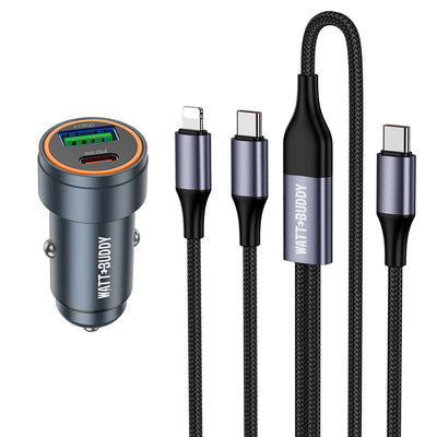Watt Buddy 30W Car Charger – Dual USB Ports (Type-C & USB-A) with 1.2M Charging Cable