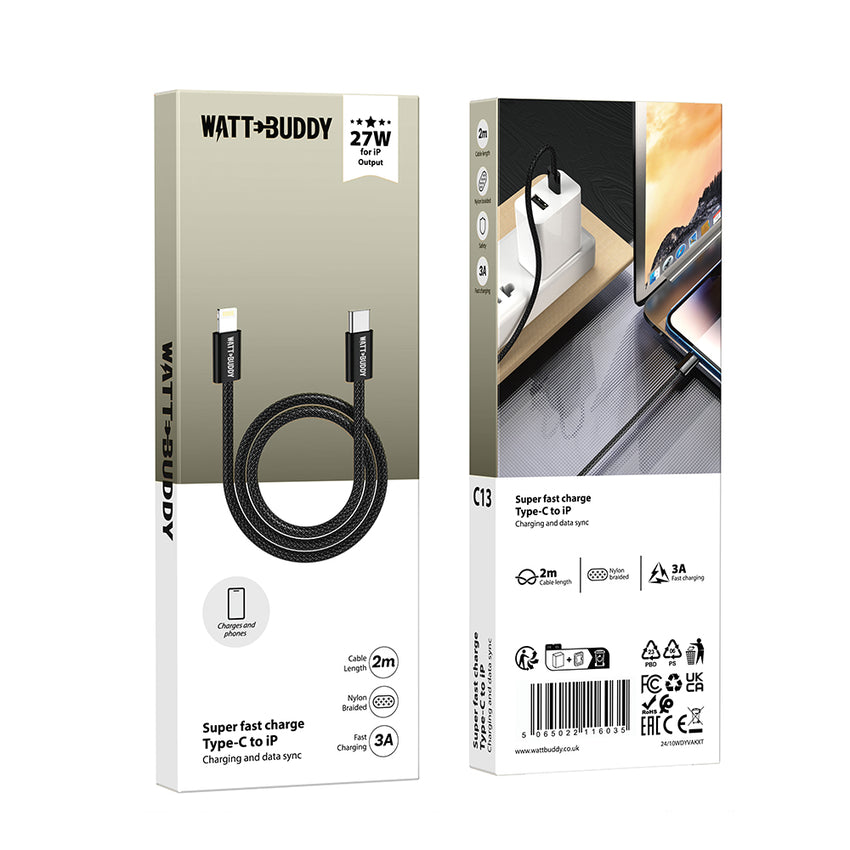 Watt Buddy 2M USB-C to Lightning Cable – Fast Charging, High-Speed Data Transfer, Power Delivery for iPhone 15, iPhone 16, iPad, iPod, and More – Durable Nylon Braided