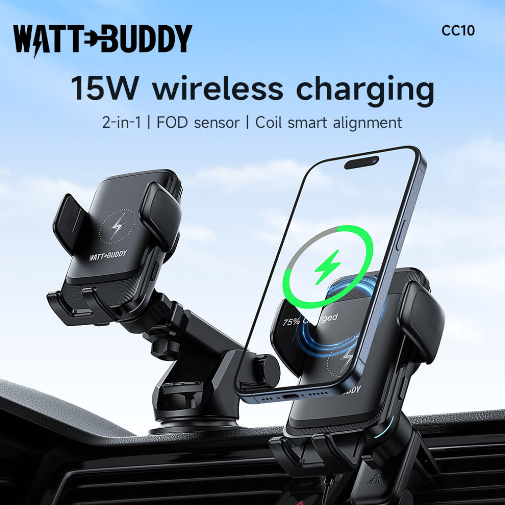 WattBuddy car mount with wireless charging feature on a blue sky background