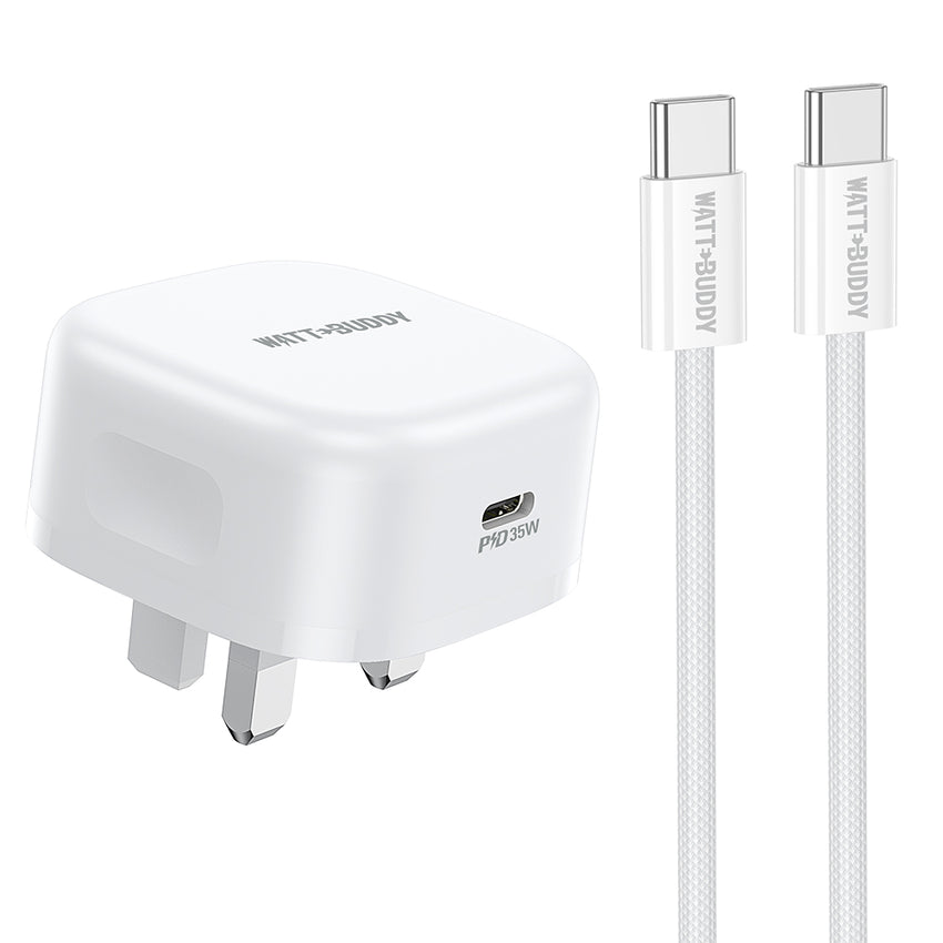 WATT BUDDY 35W USB-C Charger UK Plug with 2M Type-C Cable – Fast Charger, USB C Adapter, Power Delivery (PD), Quick Charging for iPhone, Samsung, iPad, Android, Phone, and Laptop