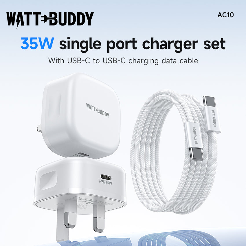 WATT BUDDY 35W USB-C Charger UK Plug with 2M Type-C Cable – Fast Charger, USB C Adapter, Power Delivery (PD), Quick Charging for iPhone, Samsung, iPad, Android, Phone, and Laptop