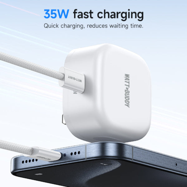WATT BUDDY 35W USB-C Charger UK Plug with 2M Type-C Cable – Fast Charger, USB C Adapter, Power Delivery (PD), Quick Charging for iPhone, Samsung, iPad, Android, Phone, and Laptop