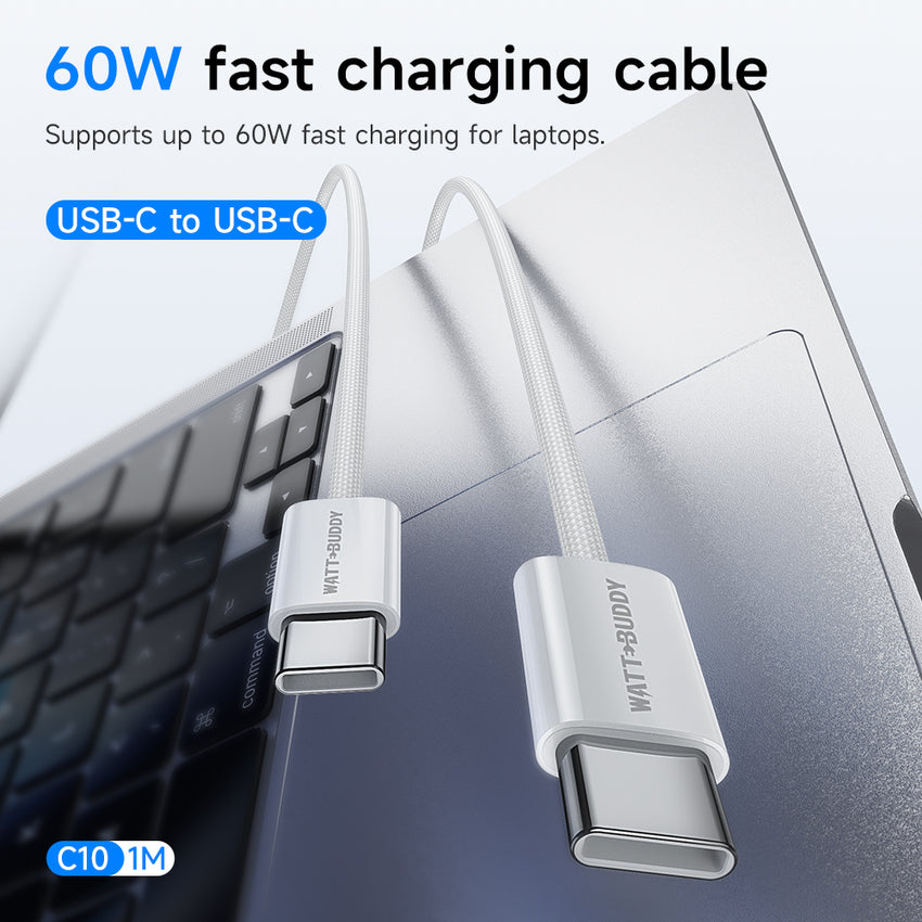 Watt Buddy 60W USB-C to USB-C Charging Cable (1m) – High-Speed Data Transfer, Fast Charging for iPhone, Samsung, MacBook & More – Durable Nylon Braided, 3A, 100W PD Supported