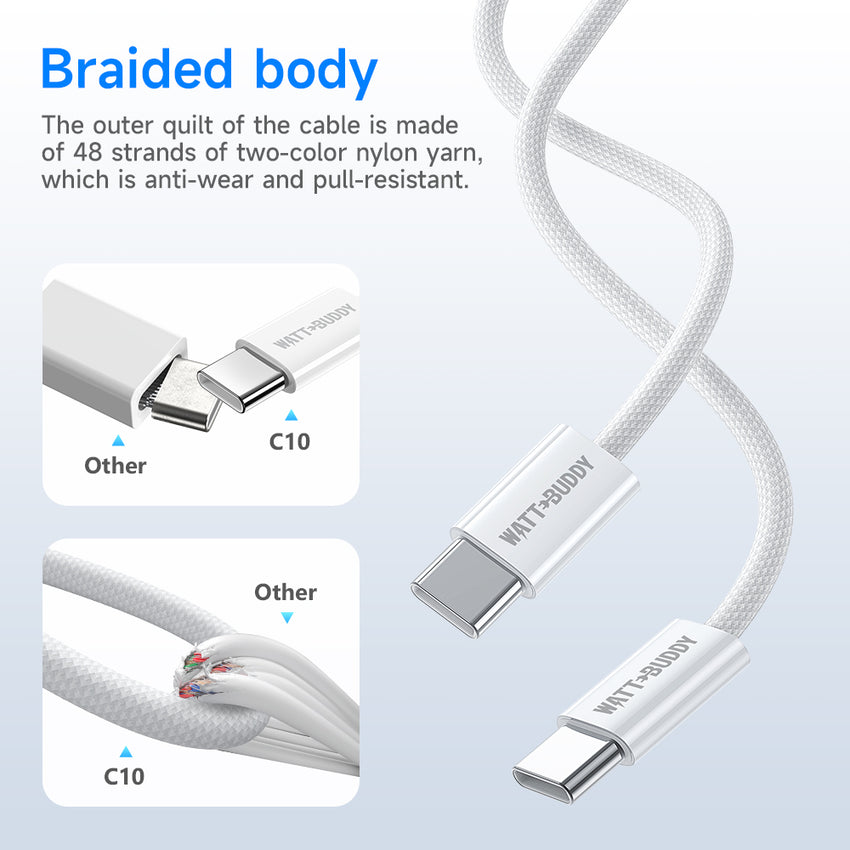 Watt Buddy 60W USB-C to USB-C Charging Cable (1m) – High-Speed Data Transfer, Fast Charging for iPhone, Samsung, MacBook & More – Durable Nylon Braided, 3A, 100W PD Supported