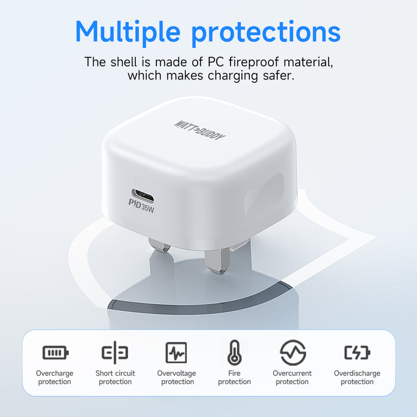 WATT BUDDY 35W USB-C Charger UK Plug with 2M Type-C Cable – Fast Charger, USB C Adapter, Power Delivery (PD), Quick Charging for iPhone, Samsung, iPad, Android, Phone, and Laptop