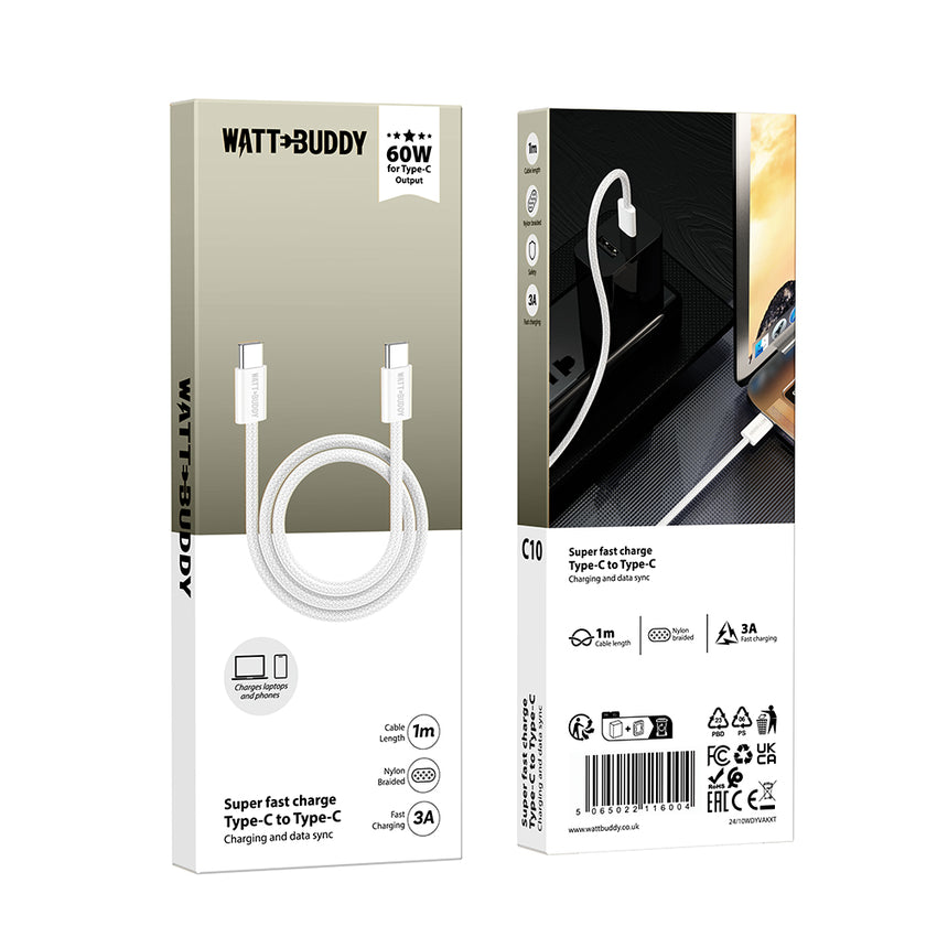 Watt Buddy 60W USB-C to USB-C Charging Cable (1m) – High-Speed Data Transfer, Fast Charging for iPhone, Samsung, MacBook & More – Durable Nylon Braided, 3A, 100W PD Supported